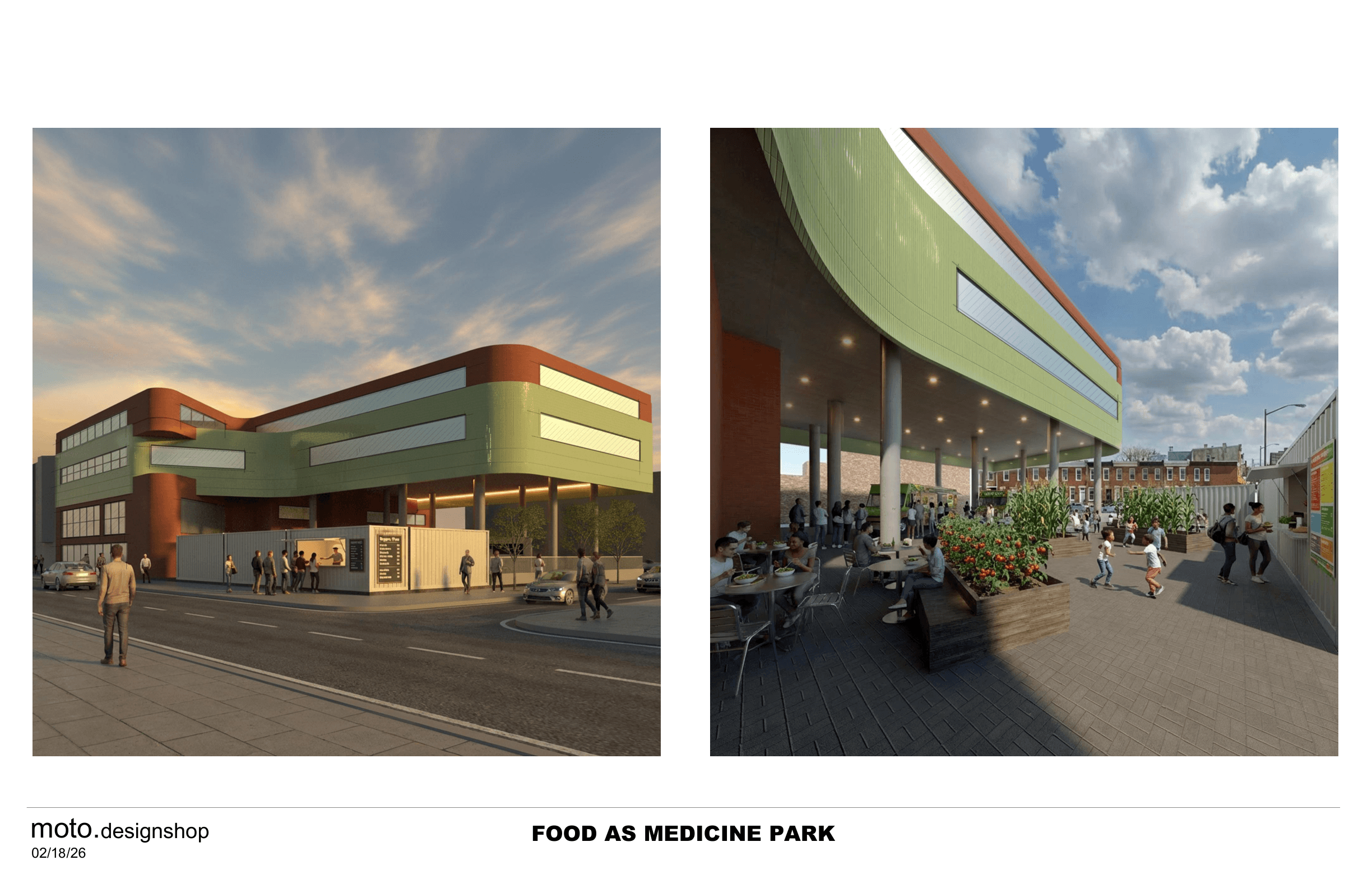 FAM Park exterior at dusk and covered gathering space