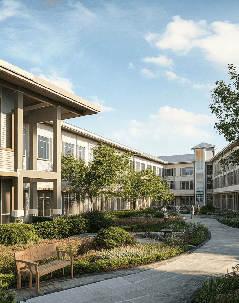 Vitality courtyard with clock tower and benches