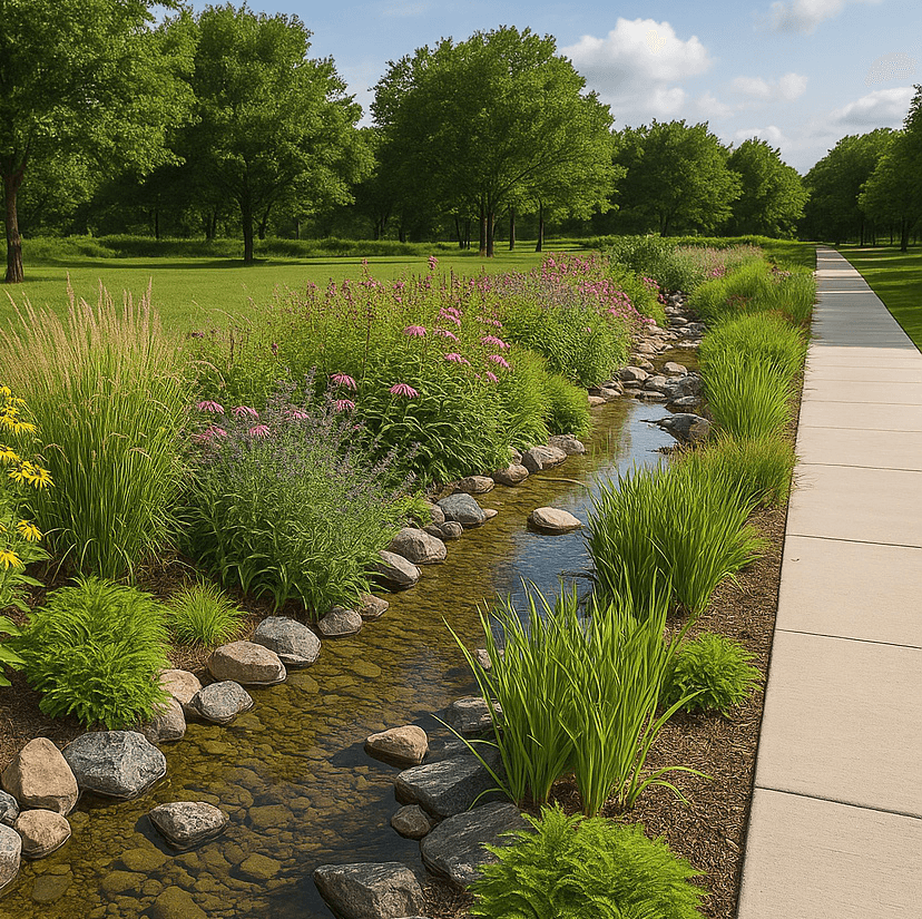 Bioswale and stormwater garden landscape